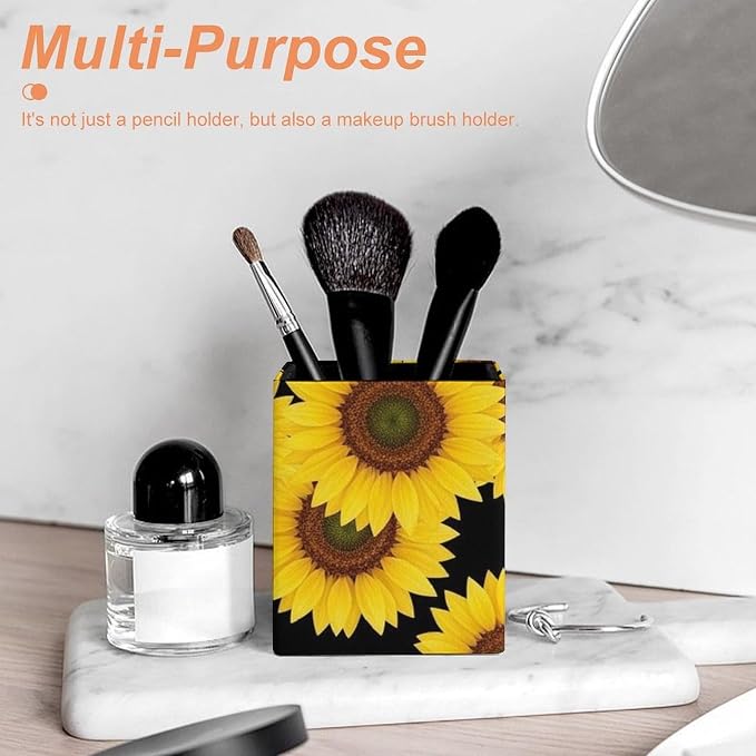 Pen Holder for Men Women, Floral Black Yellow Flowers Sunflower Pen Pencil Organizer Box Makeup Brush Holder Office Supplies Desk Accessories