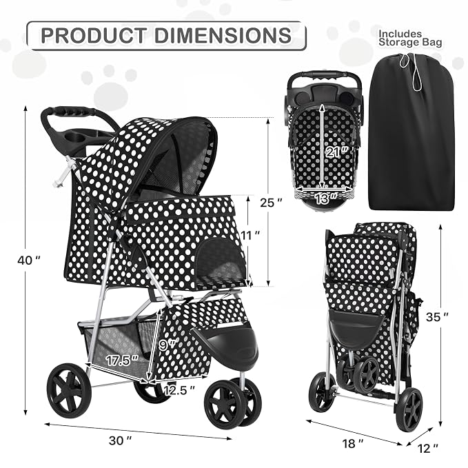 MoNiBloom Pet Stroller for Small/Medium Dogs and Cats, Black Polka Dots | Foldable Dog Stroller 3 Wheels Pet Strolling Cart w/ Storage Basket Cup Holder, Breathable and Visible Mesh for All-Season