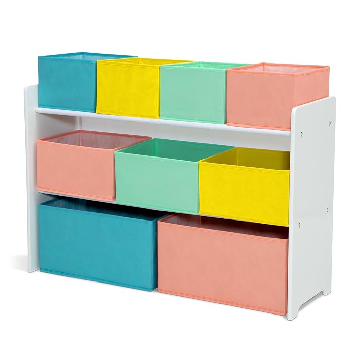 Delta Children Deluxe Multi-Bin Toy Organizer with Storage Bins - Greenguard Gold Certified, White with Blue/Orange/Pastel Bins