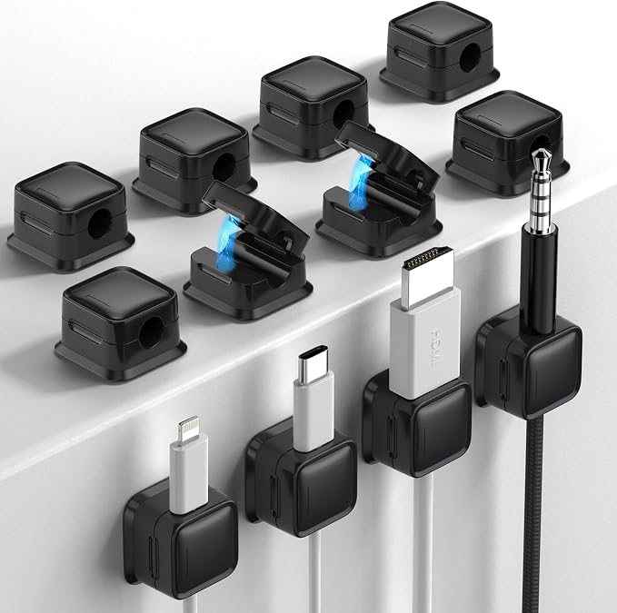 12 Pack Cord Organizer, Magnetic Cable Clips, Under Desk Management, Black | 0.27in Cable Compatible,Strong Adheive Wire Holder Keeper,Easy Open Phone Charger Holder for Home Car Desk Nightstand Office