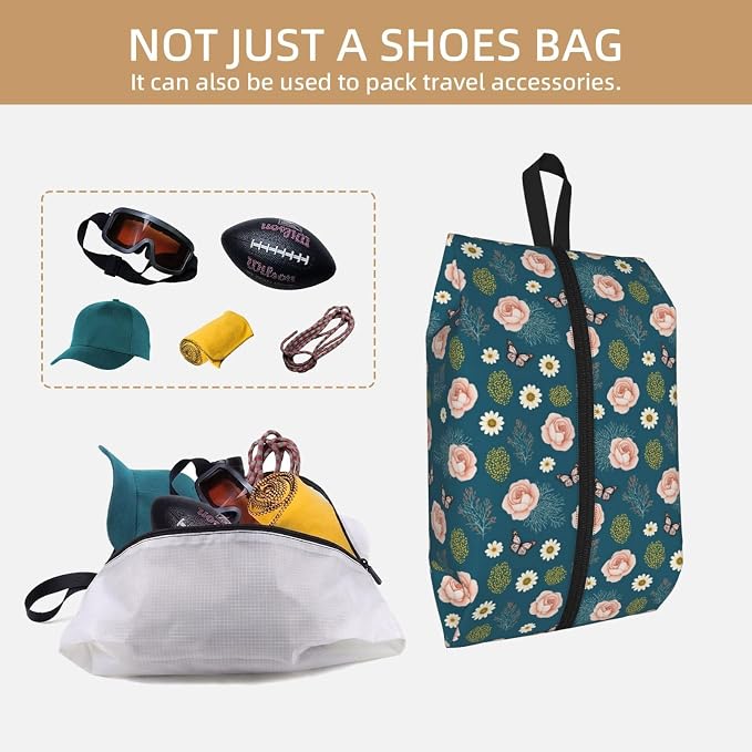 Vintage Romantic Rose & Daisy Travel Shoe Bag for Men & Women, Waterproof Shoe Storage Organizer with Zipper, Portable Shoe Pouch for Sneakers, Heels, Sandals, Gym & Travel Luggage 2PCS