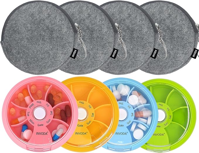 4PCS INVODA Weekly Pill Organizer 7 Compartment Rotating Pill Box for Daily | Cute Round Pill Organizer Fit purse pocket or backpack Portable Travel Pill Case for Fish Oil Supplements Vitamins Medication