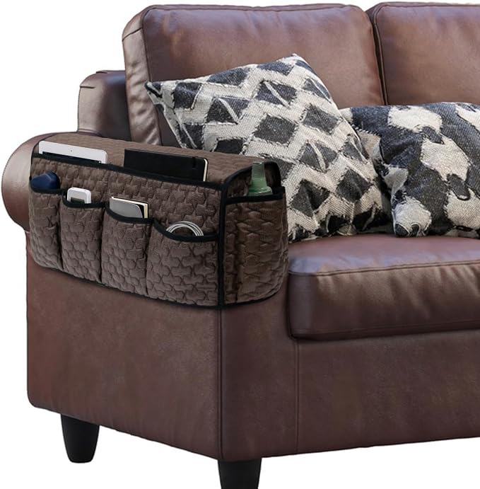 TV Remote Control Holder for Armchair, Arm Chair Caddy for Recliner 14 Pockets, Non-Slip Sofa Armrest Organizer Storage for Cell Phone TV Remote Control Magazines (Brown)