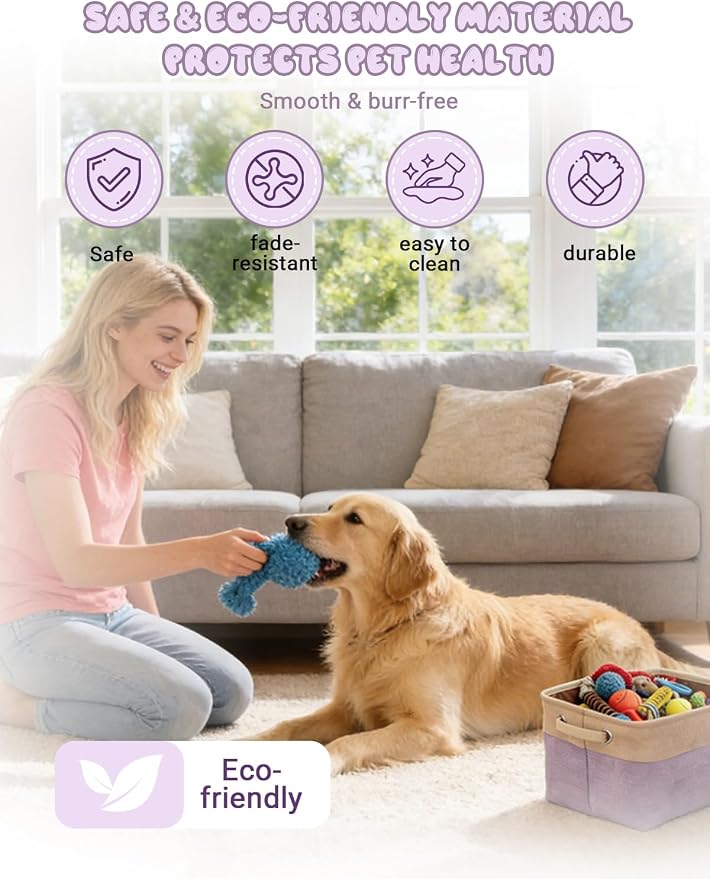 Personalized Dog Toy Storage Basket Bin with Pet's Name & Photo, Custom Collapsible Rectangular Organizer for Dog Cat Toys, Clothes, Blankets & Pet Supplies (Purple)