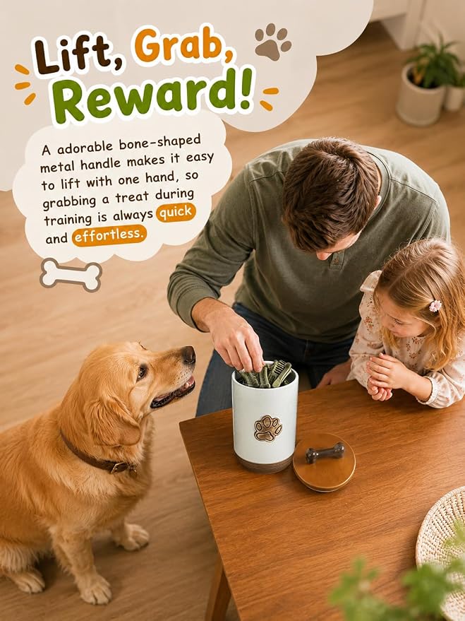 Miamolo Dog Treat Container Airtight Jar with Lid, Keep the Pet Treat Fresh | 8 Cups Small Dog Food Storage Container for Counter | Ceramic Farmhouse Dog Biscuit Jar | Dog Lovers Gift, Paw Glinting White