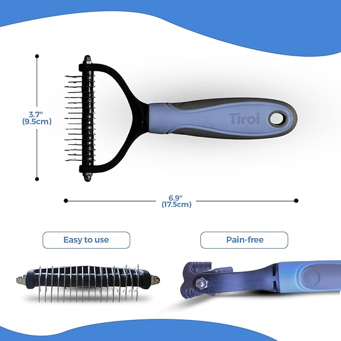 TIROL Dematting Comb for Dogs, Pet Grooming Rake, Double-Sided Dog Brush for Shedding, Undercoat Mat Dematting Tool for Long Haired Cats, Deshedding Brush for Cats, Cat Comb for Grooming Matting Hair
