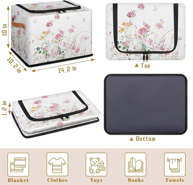 Boho Floral Flowers Storage Basket | Rectangular, Collapsible with Zipper Lid, Watercolor Butterfly Design, With Handles, 24L Capacity