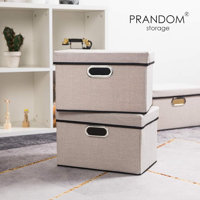 Foldable Storage Bin with Lid [5-Pack] Linen Fabric Decorative Storage Box Organizer Container Basket Cube with Handles Divider for Closet Office Living Room Light Grey(14.9x9.8x9.8)