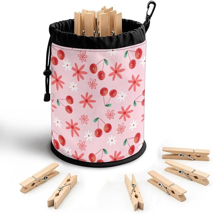 Cherry Floral Clothespin Bag Holder Outside, Multiple Hanging Methods Clothes Pin Bag with Drawstring Closure, Ventilation Clothespin Storage Organizer with Hooks