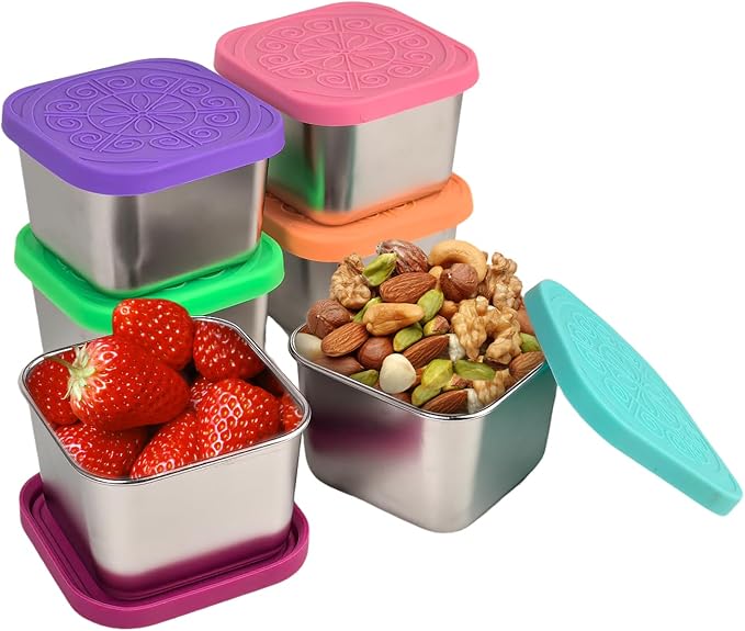 Stainless Steel Snack Containers with Silicone Lids 6 Pack | Reusable Small Food Containers for Snacks, Fruit and Lunch Storage, Perfect for School, Travel and Outdoor Use