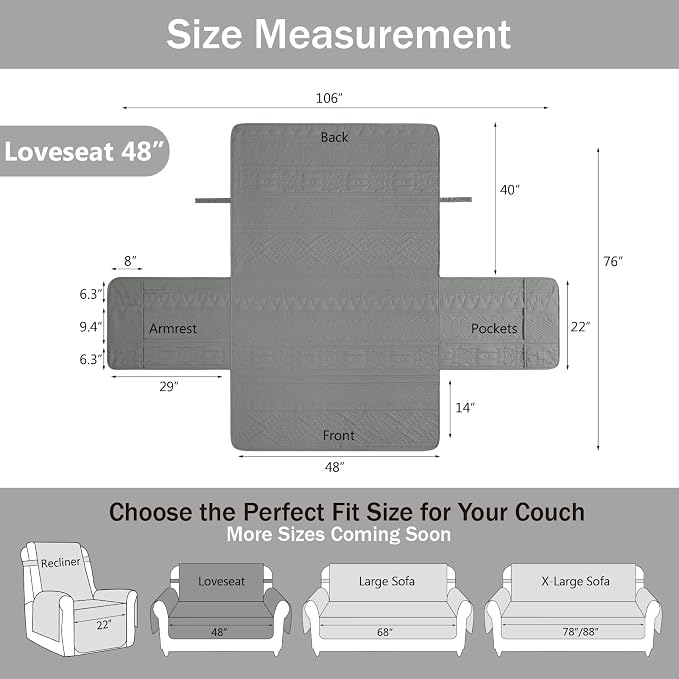 Boho Gray Loveseat Covers for 2 Cushion Couch, Water-Repellent Aztec Covers for Love Seat, Washable Quilted Couch Covers, Pet Friendly Loveseat Slipcovers (Loveseat 48", Gray)