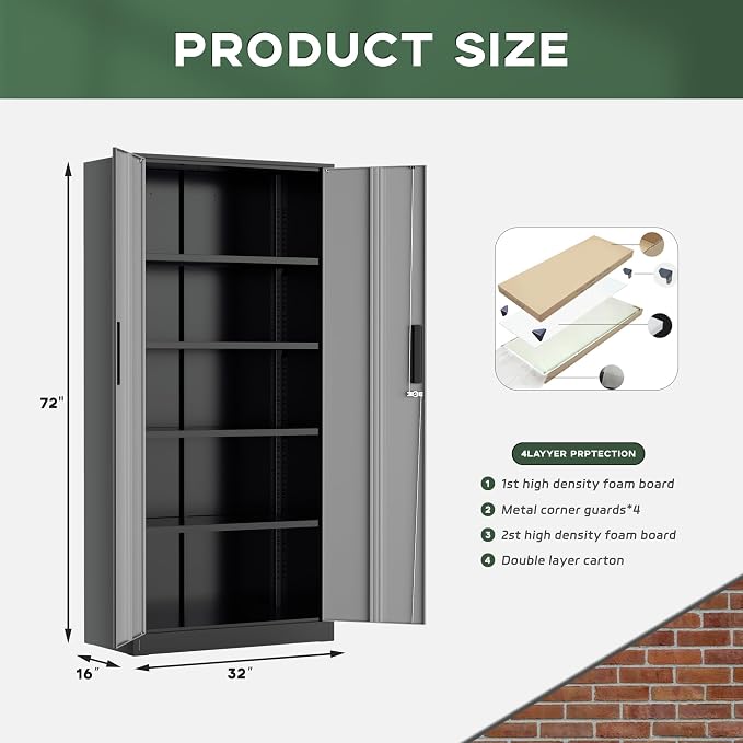 Greenvelly Metal Storage Cabinet,72" Locking Metal Garage Storage Cabinet with Doors and 4 Adjustable Shelves, Lockable Steel Cabinet for Home Office, Garage, Shop, School (Black Grey 32" W x 16" D)