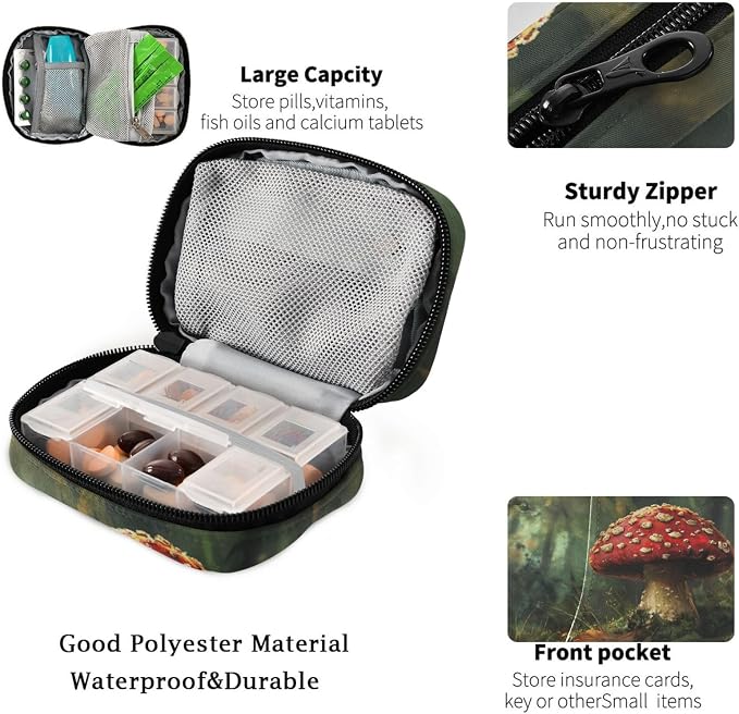 Fustylead Retro Aesthetic Amanita Mushroom Oil Painting Travel Pill Organizer Case Zipper for Purse with Removable Weekly Pill Box for Medicine, Vitamin, Supplement Medicine Organizer