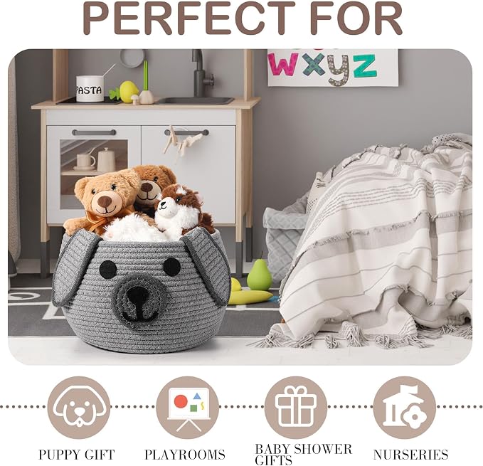 Zopeal Woven Dog Basket with Handle Toy Storage, Gray, 13 x 8 Inch | Pet Gift Basket, Toys Storage Organizer, Cotton Rope Rectangular Bin, Keeps Puppy Items Organized, Sturdy Handles