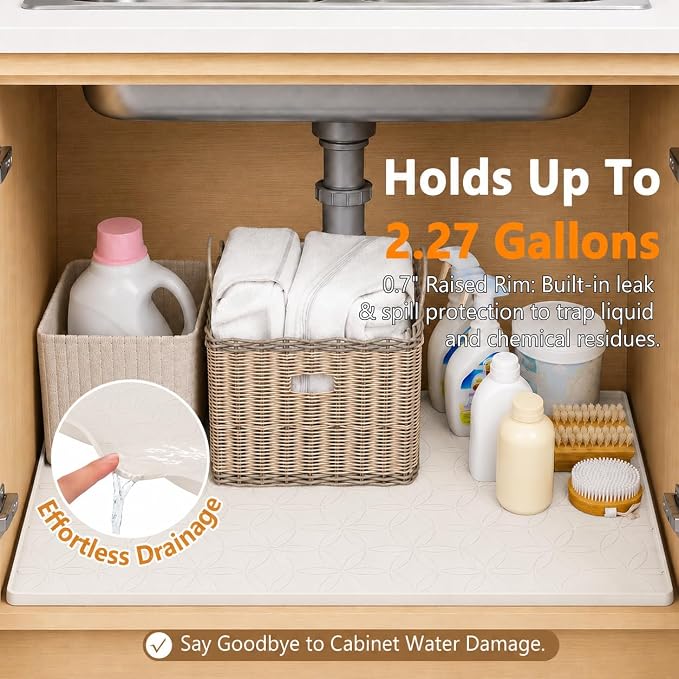 34"x22" Waterproof Silicone Under Sink Mat Drip Tray(Cream Brown) | Non-Slip Silicone Sink Liner & Drip Tray with Raised Edges, Versatile Floor & Cabinet Protector for Pets & Utility Area
