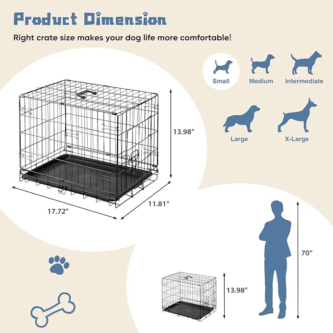 DUMOS 18 Inch Dog Crate, Foldable Puppy Small Dog Cage Pet Kennel | Single Door Metal Wire, Plastic Leak-Proof Pan Tray, Portable Indoor Outdoor Training Travel