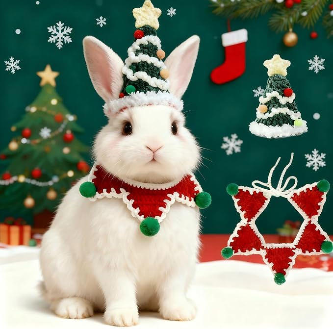 Christmas Cat Costume,Handmade Dog Outfit with Christmas Tree Cat Hat,Knitted Dog Costume,Adjustable Fit Five-Pointed Star Clothes, for Dogs,Rabbits