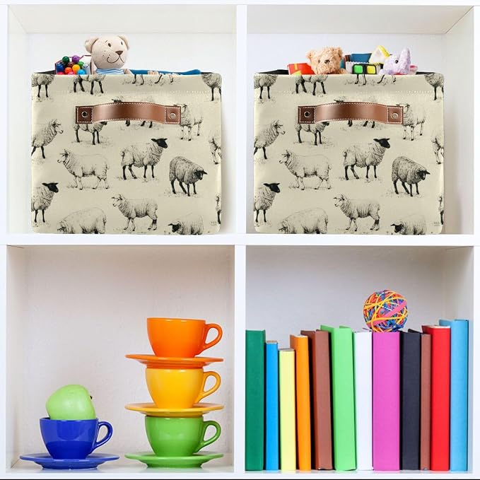 Kigai Cute Sheep Storage Basket with Handles Waterproof Collapsible Storage Bin Canvas Fabric Basket Decorative Box Closet Organizer for Nursery Bedroom Office