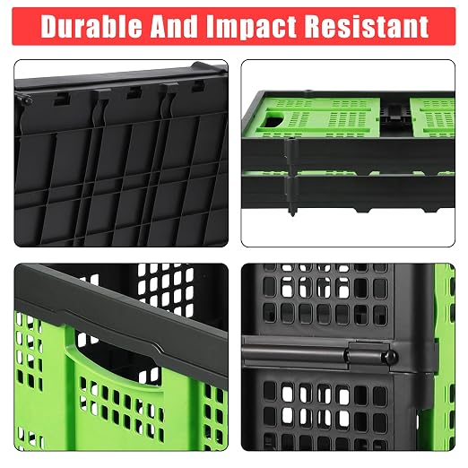Garvee Collapsible Crate, 55L Foldable Plastic Milk Storage Crate, Green | Heavy Duty Stackable Plastic Crates Folding Storage Baskets for Groceries, Moving, Camping & Car Storage