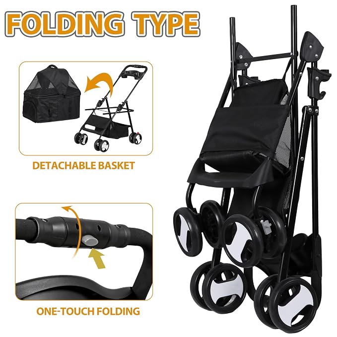 4 Wheels Dog Stroller with Detachable Carrier Folding Pet Strolling Cart for Small Medium Cats Puppies with Storage Basket Cup Holder, Black