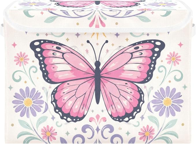 Butterfly Floral Fabric Storage Bins with Lid Foldable Storage Boxes 40L | Decorative Storage Boxes, Foldable & Stackable, Dust-Proof Flip Top, Reinforced Handles, For Home & Dorm, Clothes & Toy Box