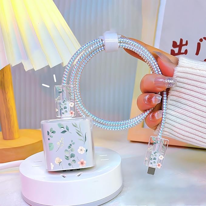 DIY Cable Protector for iPhone Apple Charger,Cute Green Leaves Flowers Flora Kawaii Pattern Design,Data Cable USB Case Cord Saver Phone Charging Protector for iPhone 11 12 13 14 15 Pro Max