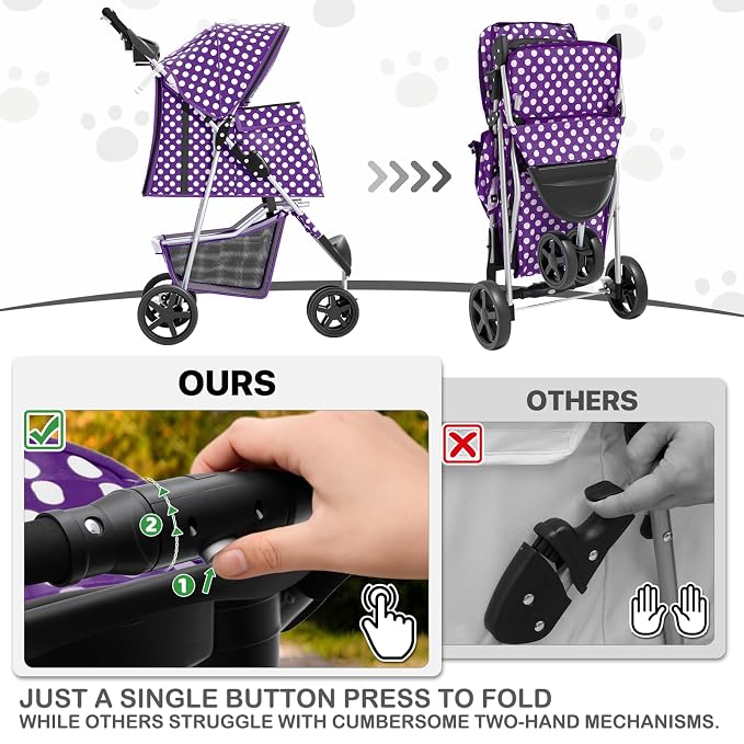 MoNiBloom Pet Stroller for Small/Medium Dogs and Cats, Purple Polka Dots | Foldable Dog Stroller 3 Wheels Pet Strolling Cart w/ Storage Basket Cup Holder, Breathable and Visible Mesh for All-Season