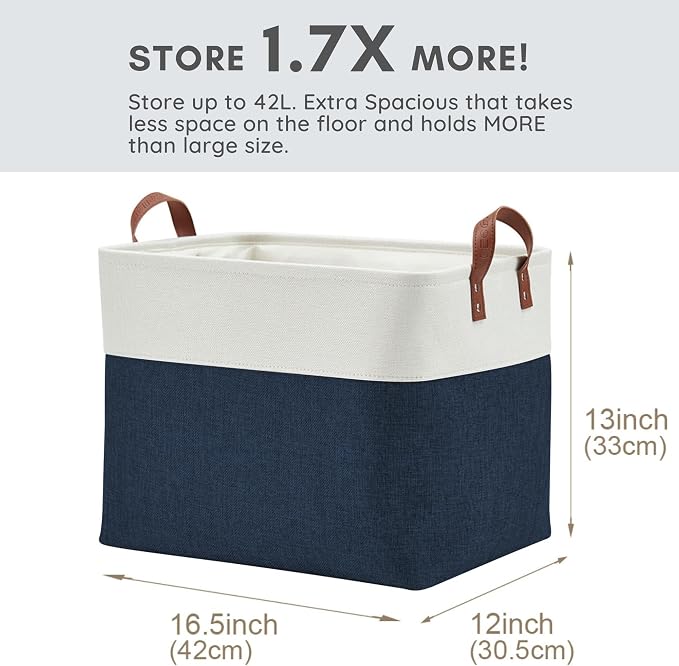DECOMOMO Fabric Storage Bins, Extra Large Storage Baskets with Handles | 3 Pack Storage Baskets for Shelves, Laundry, Toys, Nursery (Navy Blue & White)
