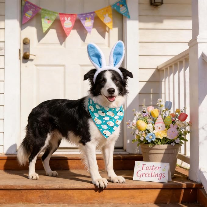 Easter Day Dog Bandana Cute Lamb & Pink Cloud - Spring Pet Scarf with Adjustable Snap Button Lovely Holiday Costumes, Medium to Large Breeds (30-75lbs)