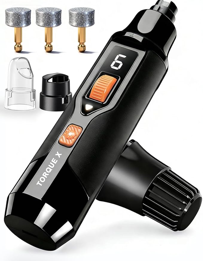 Torque X +30% Power Professional Dog Nail Grinder - Ultra-Quiet 30dB Dog Nail Trimmers, Powerful 7-Speed 16,000 RPM Motor (20k Force), Dual LED Lights, 12H+ Runtime, 3 Diamond Bits & Dust Cap