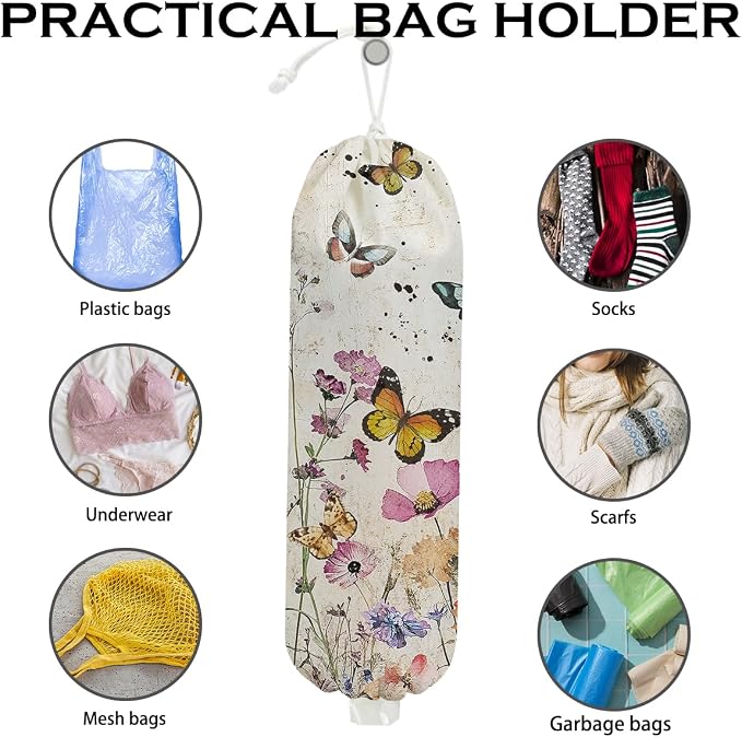 2 Pcs Vintage Floral Plastic Bag Holder, Wall Mount Trash Bag Holder | Summer Floral Colorful Butterfly Reusable Grocery Bags Storage Dispenser for Home Kitchen Pantry, Butterfly Gifts for Women