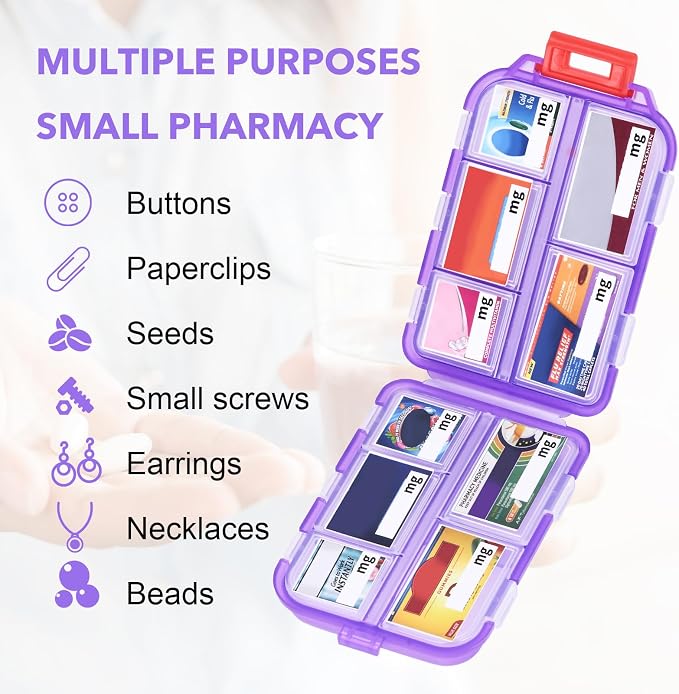 Travel Pill Organizer with 189 Labels, 10 Compartments Pill Travel Case Travel Medicine Organizer Purse Essentials Travel Daily Pill Container Mini Pill Case(Purple, 1 Pack)