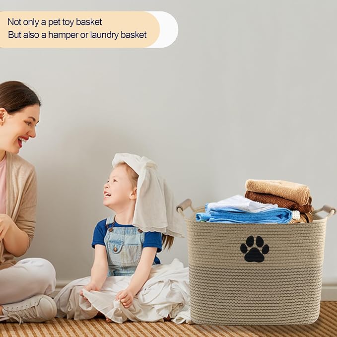Woven Dog Toy Basket, Dog Toy Bin for Living Room Area, Dog Basket | 100% Cotton Rope Basket With Wood Handle, Dog Stuff Storage Organizer, Pet Toy Basket For Toy,Blanket,Clothes-L13.7''×W10.2'