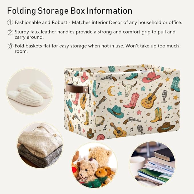 Kigai Storage Basket, Fabric Collapsible Closet Organizer Bin | Western Print Waterproof Foldable Canvas Basket with Handles for Shelves, Nursery, Closet, Bedroom & Bathroom