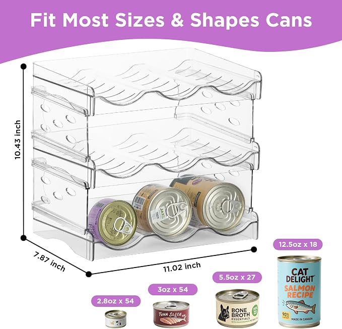 REFLYING Cat Food Can Organizer 3-Tier Holds 54 Cans 3.5oz Clear | Transparent 3-tier cat food can organizer,Holds 54 cans 3.5oz,Pantry countertop storage for kitchen cabinet organization