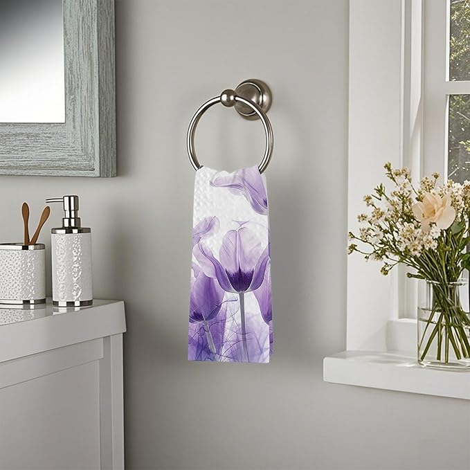 Purple Tulips Butterfly Floral Hand Towels,Set of 2 Absorbent Bath Towel Kitchen Dish Towel Home Gym Hotel Bathroom Decor,16x24 Inches