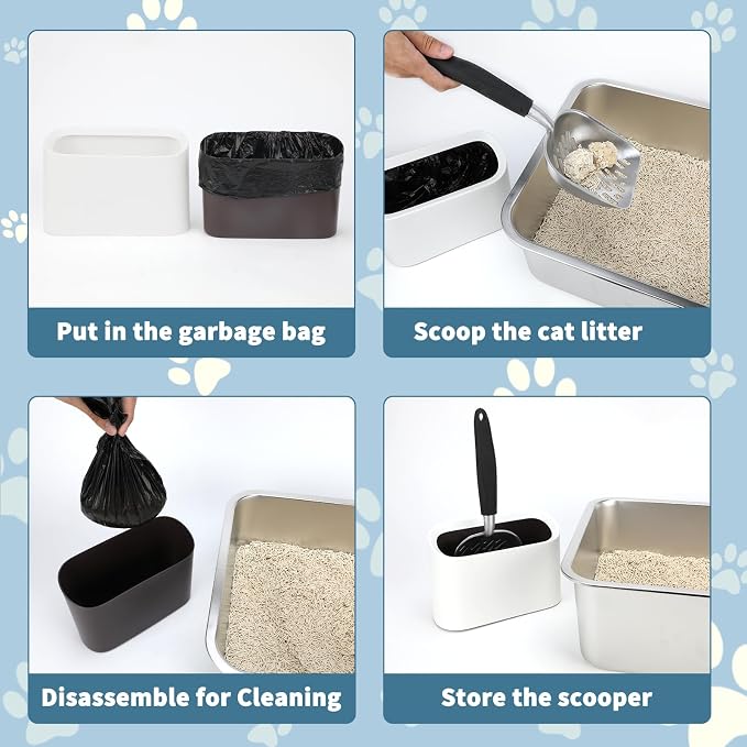 Metal Cat Litter Scoop with Holder, Detachable Caddy Set, White | Aluminum Sifting Shovel, Detachable Caddy with Lid, 12 x 4 x 1.5 in Scoop, 8 x 2.9 x 5.9 in Caddy, Curved Grip, Easy Rinse