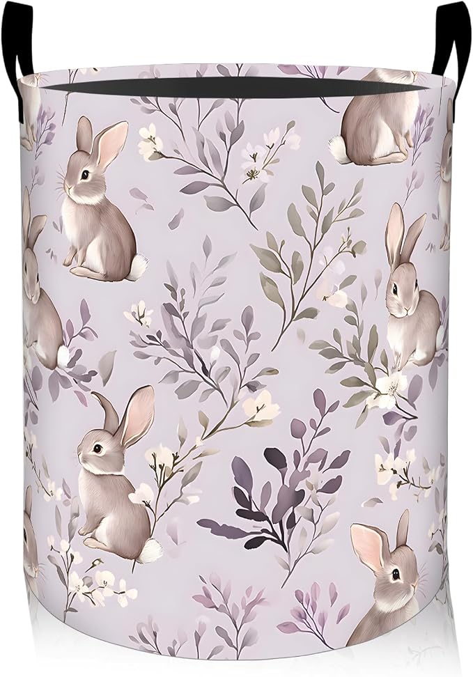 Rabbit Floral Laundry Basket, Oxford Cloth Pastel Cute Dirty Clothes Collapsible Hamper for Room Decor, Bunny and Flower Plant Print Gifts Toy Organizer 19.7*15.7 Inch for Bedroom Bathroom Dorm