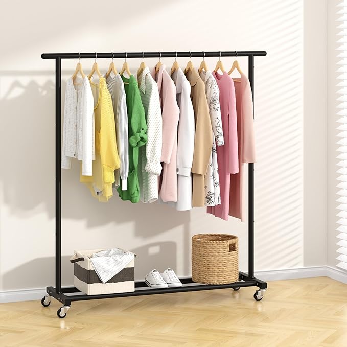 Buzowruil Metal Rolling Clothing Rack Adjustable Freestanding Garment Organizer with Wheels, Space-Saving Design for Home, Closet, Office, or Retail,Black