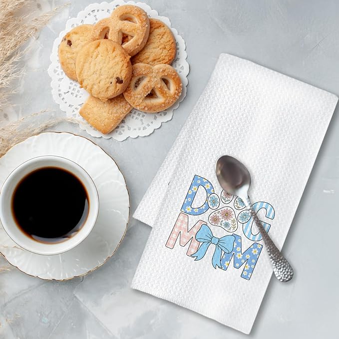 Chicimln Blue Bow Dog Mom Kitchen Towels, Dog Mom Gifts for Women Decorative Hand Towels for Bathroom, Dogs Lover Gifts Dish Tea Towel Drying Cloth for Kitchen Decor, 16x24 Inch