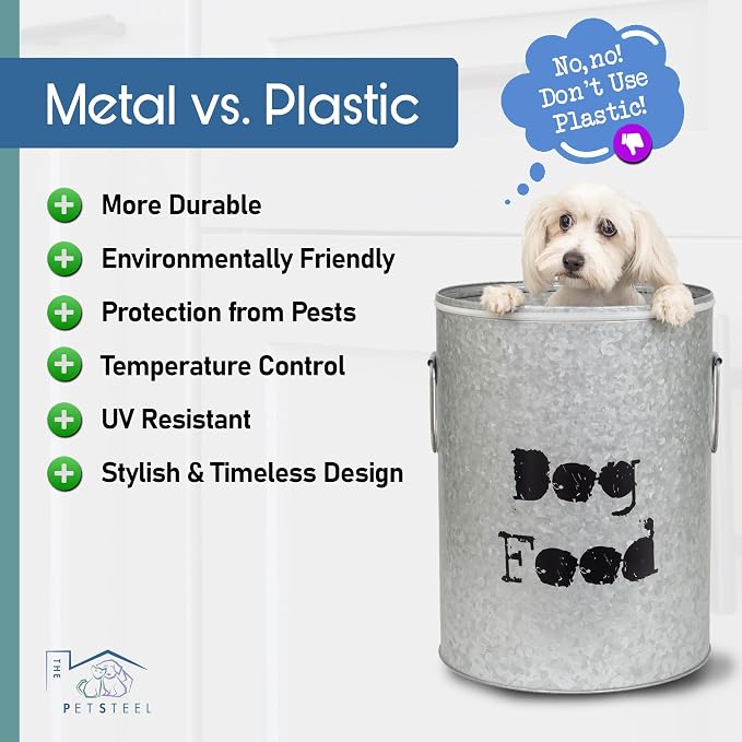 Large Dog 60lb Pet Food Storage Canister or Dog Bin with Scoop – Durable & Airtight for Freshnesss, Minimalist Design & Recyclable, Huge Large Metal Container