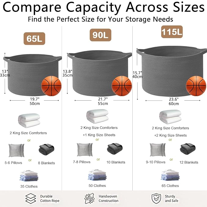65L Large Blanket Basket,Woven Rope Laundry Basket-Dark Grey | Collapsible, reinforced handles, nursery storage bin organizes clothes, toys and pillows for living room, bedroom bathroom.