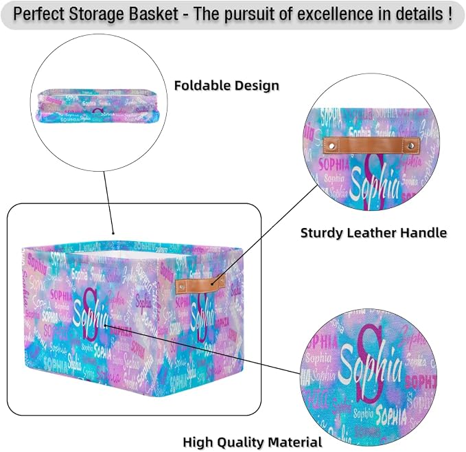 Personalized Storage Bins, Customized Name Storage Basket Rectangle Clothes Organizer for Organizing Kids and Pets Toys Shelf Closet, Blue Pink Galaxy Watercolor