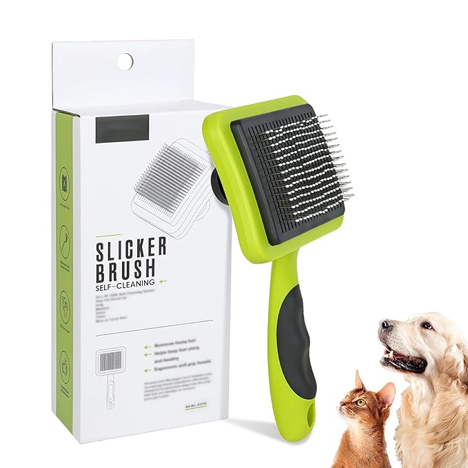 Green Self Cleaning Slicker Brush for Dogs&Cats Skin-Friendly Pet Brush for Shedding&Deshedding Pet Grooming Tool for Long&Short Haired Pets Gentle Remove Loose Hair Knots Tangles