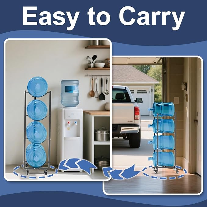 5 Gallon Water Jug Holder with 4 Wheels: 5 Gal Bottle Storage Rack | Movable|Easy to assemble|Heavy Duty Steels|70% Space Saving|Anti-Tip|Stackable|4 Tier|360°Locking Wheels|Home|Kitchen|Garage