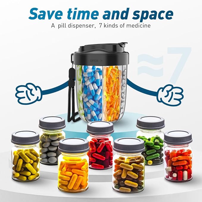 Large Pill Organizer with 7 Large Compartments - Portable Pill Dispenser for Travel, Anti-Mix Design & Wide Opening Design, Easy Access to Vitamin Dispenser, Includes 20 Blank Stickers (Black)