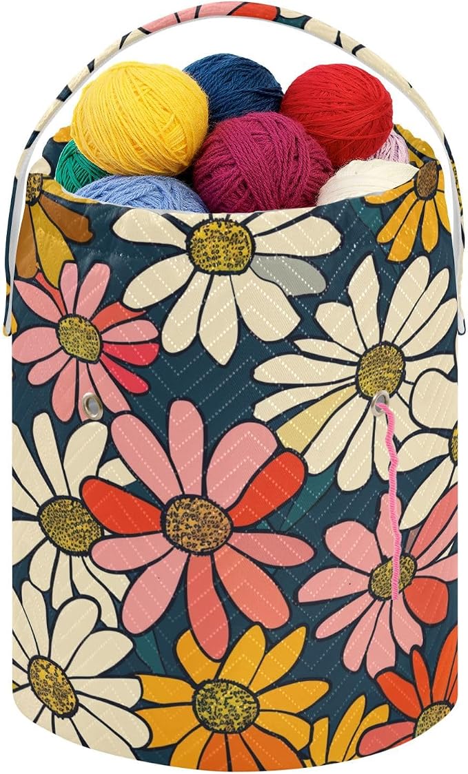Fustylead Vibrant Vintage Groovy Daisy Flowers Yarn Crochet Tote Basket, Large Knitting Drawstring Organizer Yarn Storage Bag for Crocheting Project, Sewing Supplies, Yarn Balls, Needles