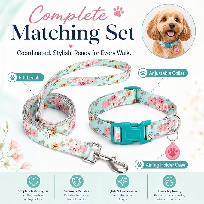 Floral Matching Dog Collar and Leash Set with AirTag Holder-Lily Daisy/M | Anti-Lost,Adjustable Durable Pet Collar Leash Combo for Medium Boy Girl Dogs,for Outdoor Walking Hiking Training Running
