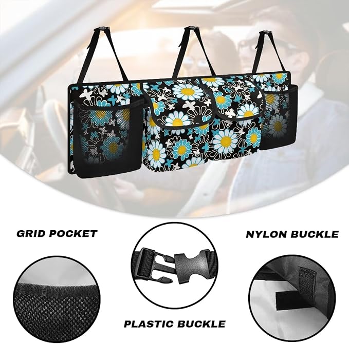 Dreaweet Car Trunk Organizer Storage Backseat Hanging Organizer Bag Hippie Flower Car Storage Accessories Interior for Women Waterproof Collapsible Trunk Organizer for SUV Trucks Sedan Van