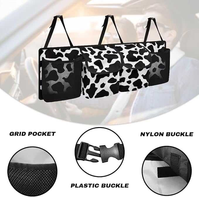 Dust-Proof Back Seat Organizer - Heavy-Duty Trunk Storage with Adjustable Straps, Cow Print Car Organizer for Truck Sedan SUV